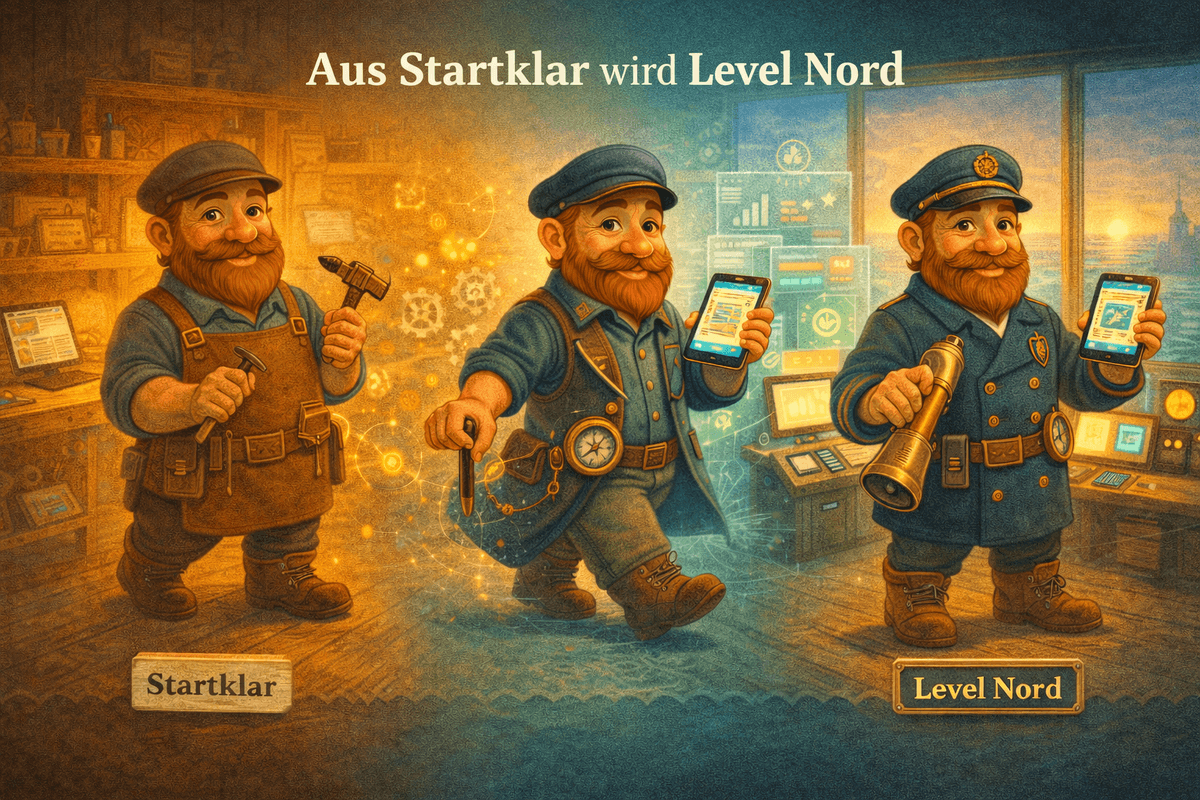 Vom Startklar-Handwerker zum Level-Nord-Tech-Lotsen: Der Osenzwerg wandelt sich vom klassischen Werkstatt-Handwerker mit Lederschuerze und Hammer zum modernen Kapitaen mit Fernrohr und Tablet
